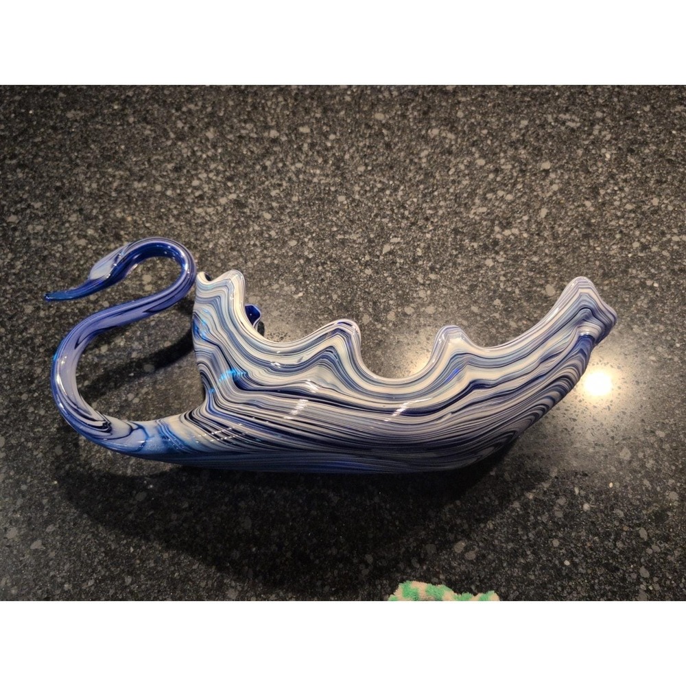 Vtg XL Cobalt Blue White Swril Art Glass Swan Bowl/ 19 x 8 x 5 Long - Picture 7 of 8